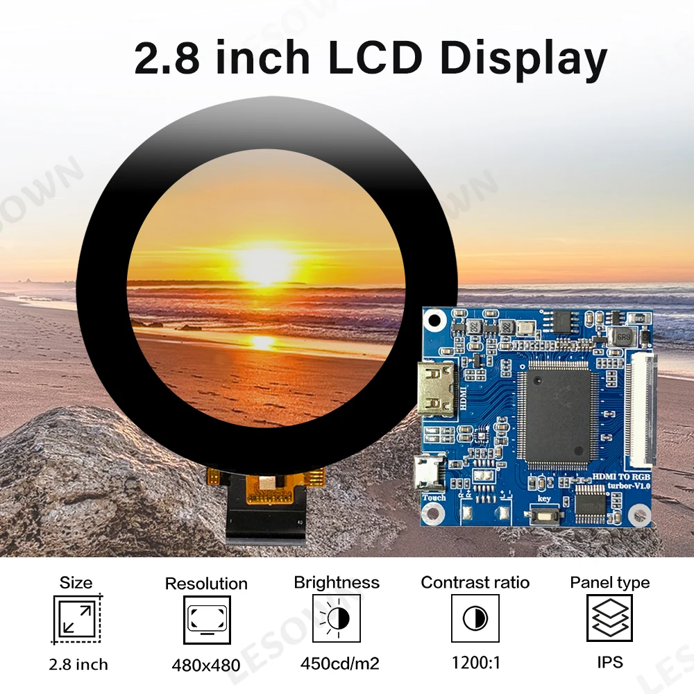 LESOWN 2.8in Touch Display Module 480*480 1:1 Square Screen miniHDTV microUSB 5V Zero Setup Panel for Hardware Monitor