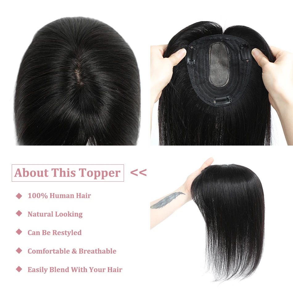 100% Remy Human Hair Toppers Straight Nature Color Hairpiece Fake Silk Base Clip in Topper Top Hair for Women with Thinning Hair