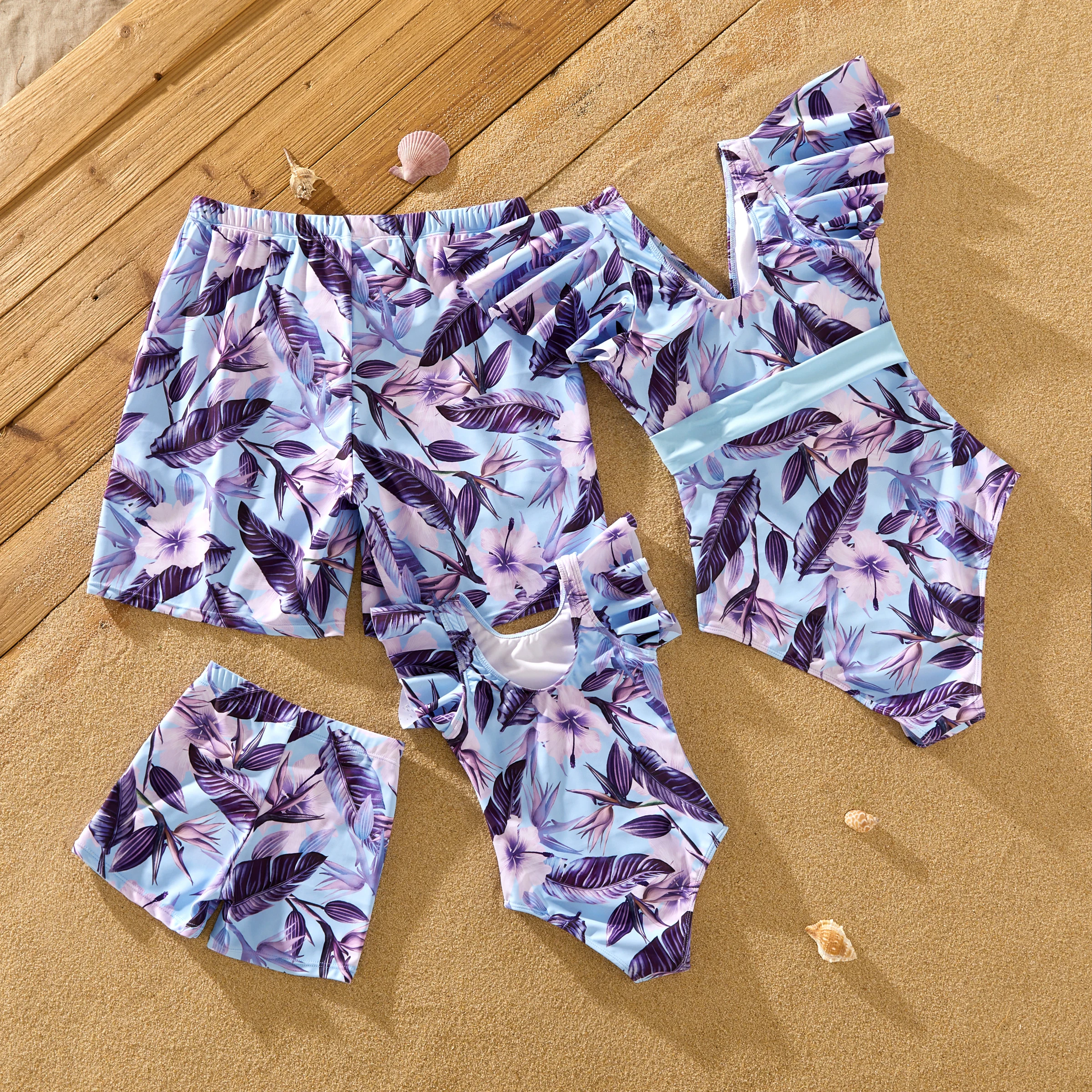 PatPat Family Matching Blue and Purple Floral Swim Trunks or Ruffle Sleeves Swimsuit