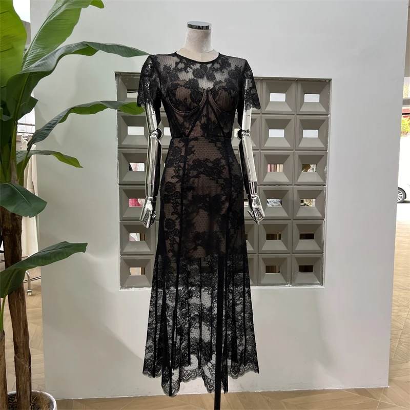 

Элегантное кружевное платье с круглым вырезом для женщин, офисная одежда, повседневное повседневное 2024, модное шикарное летнее платье с вырезами