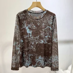 spring autumn new Round neck fashion lace shirt shirt women High street Casual Loose Pullovers elegant Printing All-match tops