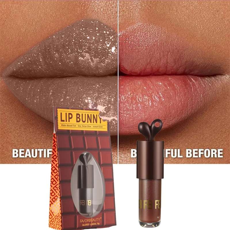 新ウサギハニーリップグロス チョコレートカラー ミラーキーホルダー付き 携帯に便利 長時間保湿 プランプグロス バイナルティックトックコスメ