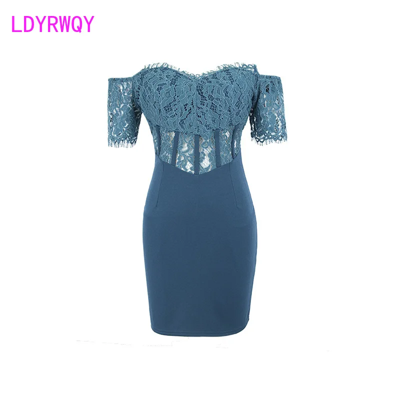 Lace patchwork V-neck strapless dress, night scene sexy hollow waist bag, hip skirt, temperament backless short skirt