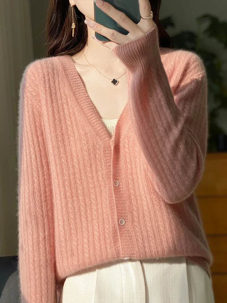 New Women's V-neck Cardigan Spring Autumn Twist Flower Sweater 100% Merino Wool Soft Comfort Knitwear Korean Popular Clothes