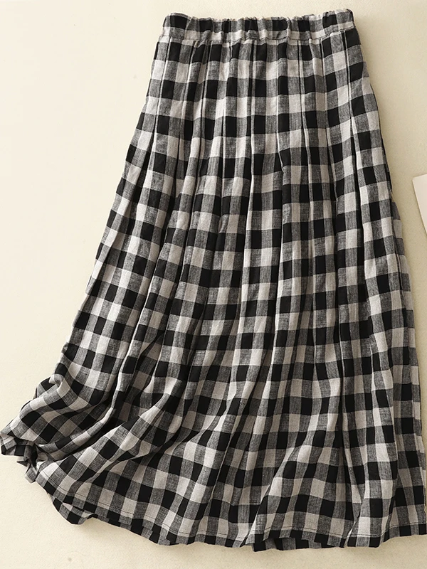 Retro geruite midi-rok dames zomer mooie losse slanke hoge taille gedrapeerde a-lijn paraplurok katoen 70% andere 30%