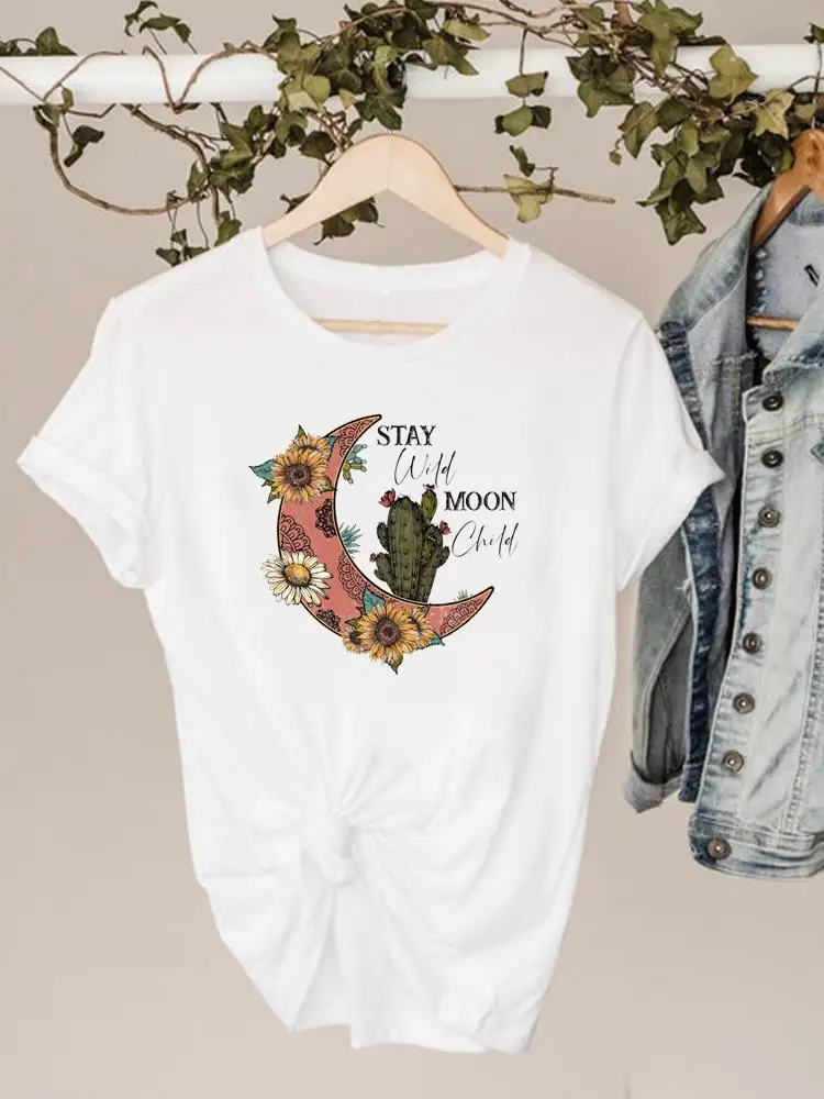 Kaus Gambar Pakaian Kaus Atasan Musim Panas Lengan Pendek Baju Wanita Bunga Kartun Cetak Kaus Grafis Mode Dasar