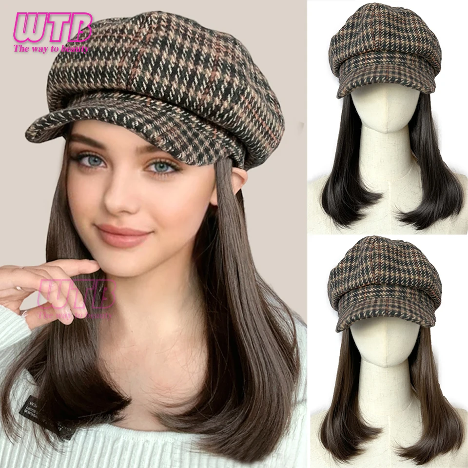 Synthetic Hat Wig Medium Long Hair boinas Berets wig caps for women Octagonal Hat wig Extensions Hair Accessories