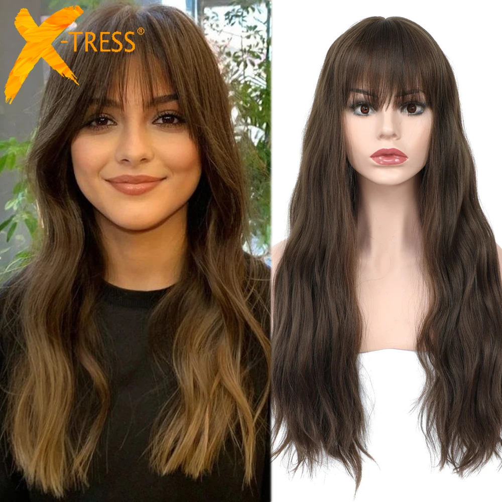 

Long Natural Wave Ash Brown Synthetic Hair Wig With Finger Bangs Glueless Machine Made Heat Resistant Wigs X-TRESS Cosplay Party