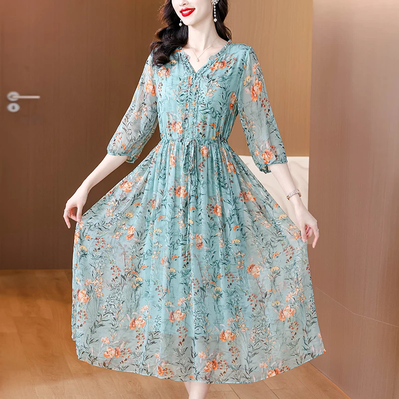 2024 Summer Floral Silk Beach Midi Sundress Women Boho Fashion Casual Light Dress Spring Korean Elegant Luxury Festival Vestidos