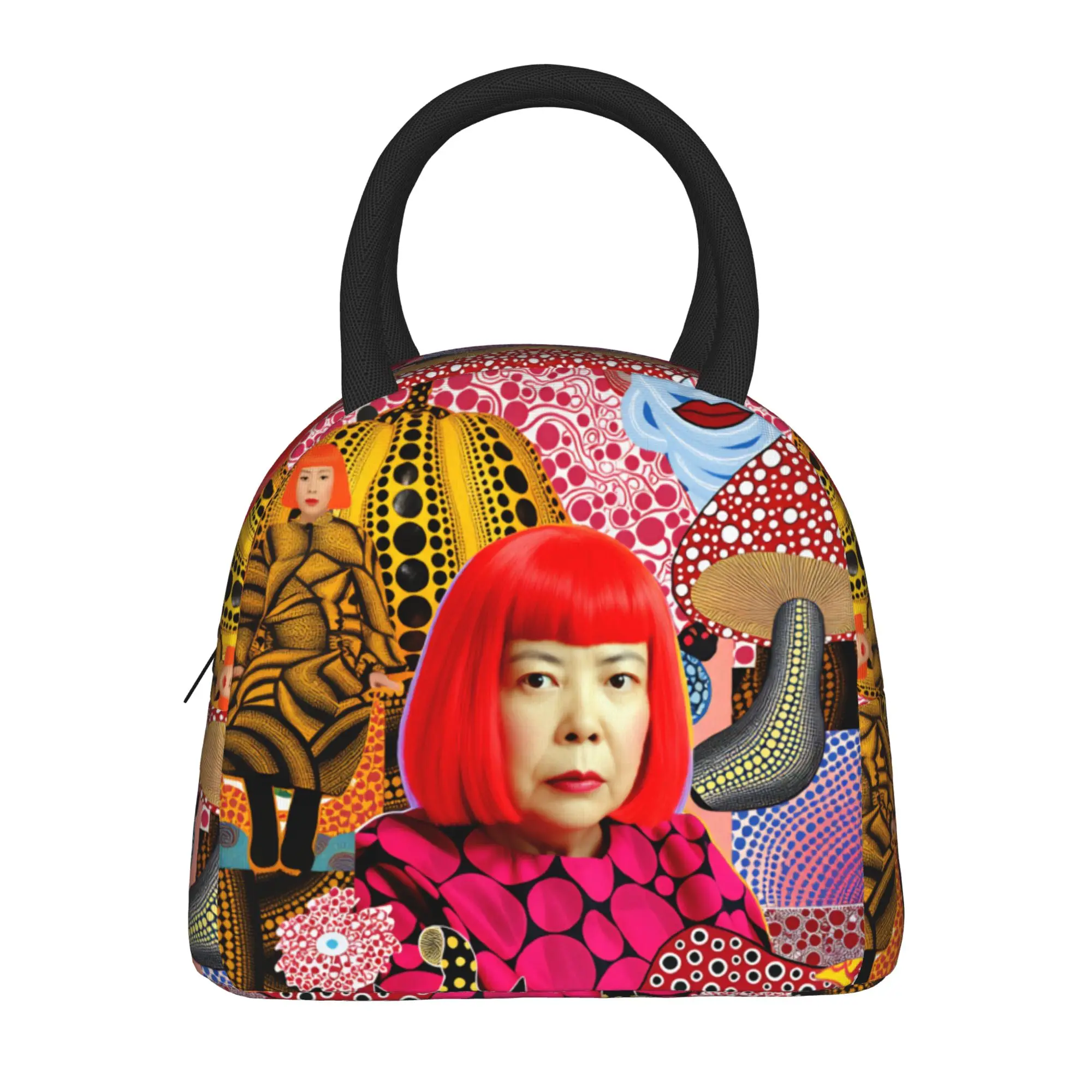 Yayoi Kusama Abstract Face Lunch Bag Japanese Artist Retro Lunch Box For Women Travel Zipper Cooler Bag Oxford Tote Food Bags