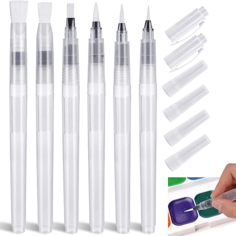 12Pcs Water Brush Pens For Watercolor With Caps, Leakproof Water Brush Pen With Assorted Tips