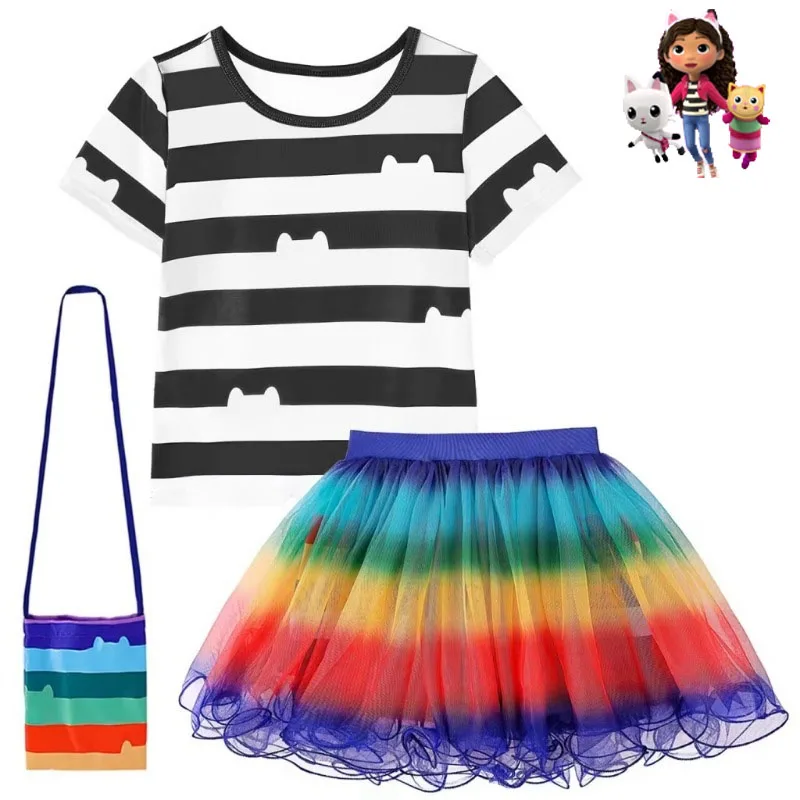 

Креативный кукольный домик Габби, периферийная полосатая пышная юбка, сетчатый комплект из трех предметов для девочек, милые подарки на день рождения с короткими рукавами и сумками