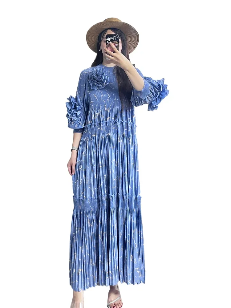 

Miyake Style Pleated Dress for Women 2025 New Gold Stamping Spliced Flower Ordering O-neck Lantern Sleeve Loose Pleated Skirt
