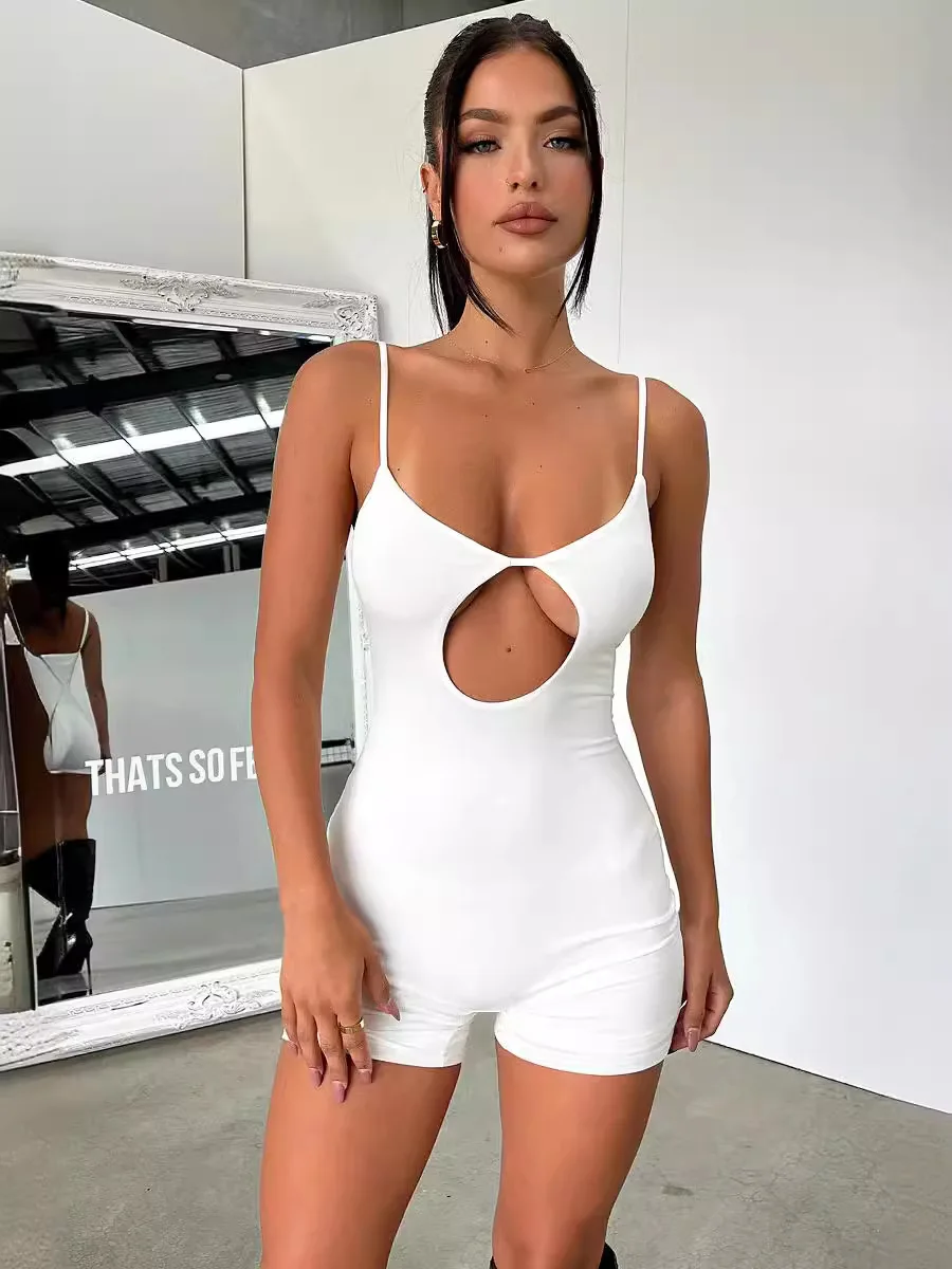 Sexy Summer Streetwear Jumpsuit Sleeveless Hollow Out Design Backless Zipper Bodycon One Piece Workout Women Short Jumpsuit