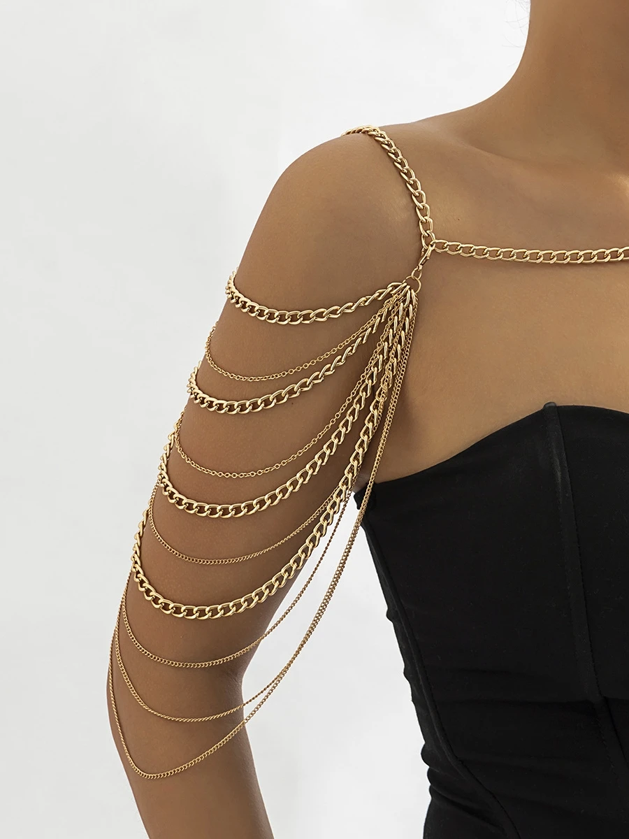 セクシーな多層メタルタッセルショルダーチェーンショール、エスニックスタイルボディチェーン、カジュアルユニセックス合金バックル、夏のファッションアクセサリー