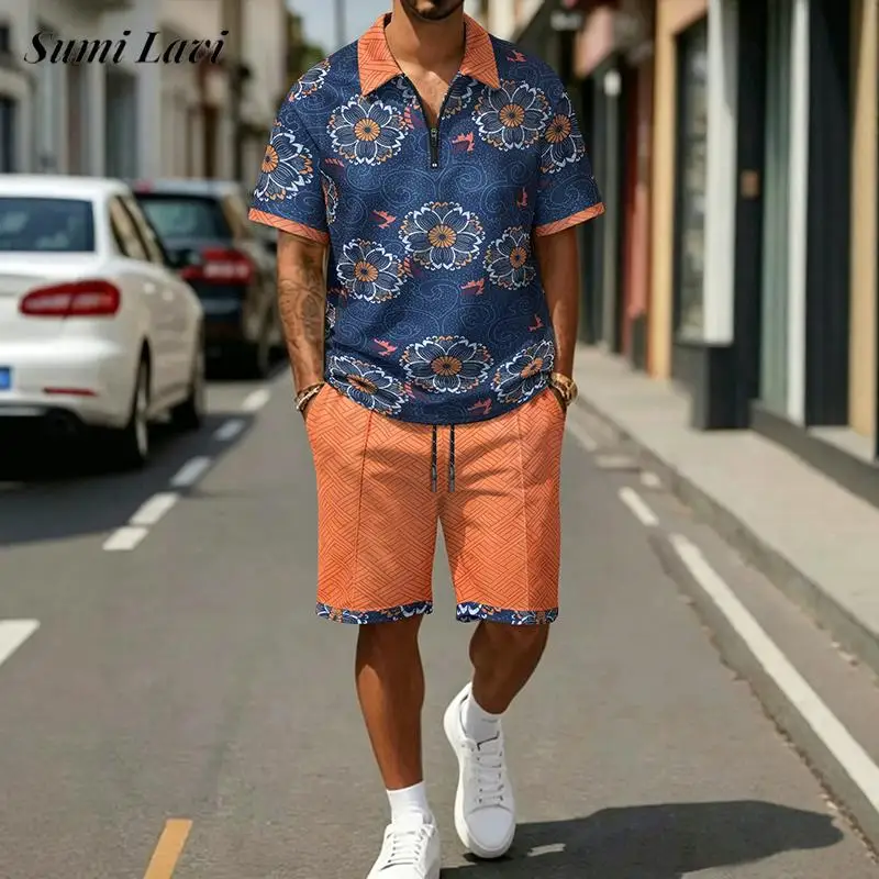 

Stylish Mens Graphic Print Loose Outfits Summer Seaside Beach Casual Short Sleeve Two Piece Suits Men Polo Shirt And Shorts Sets