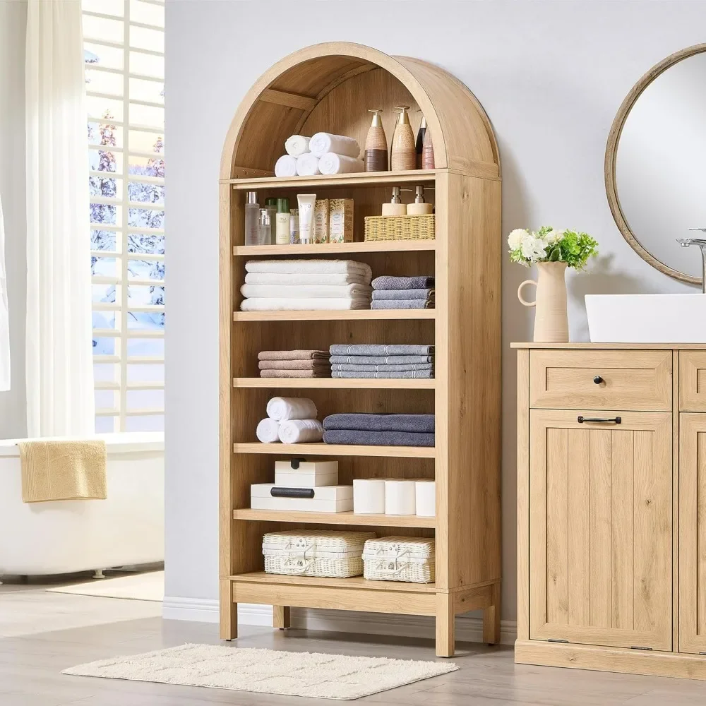 

71" Tall Arched Bathroom Storage Cabinet, 7-Tier Storage Cabinet with Adjustable Shelves, Wood Freestanding Cabinet