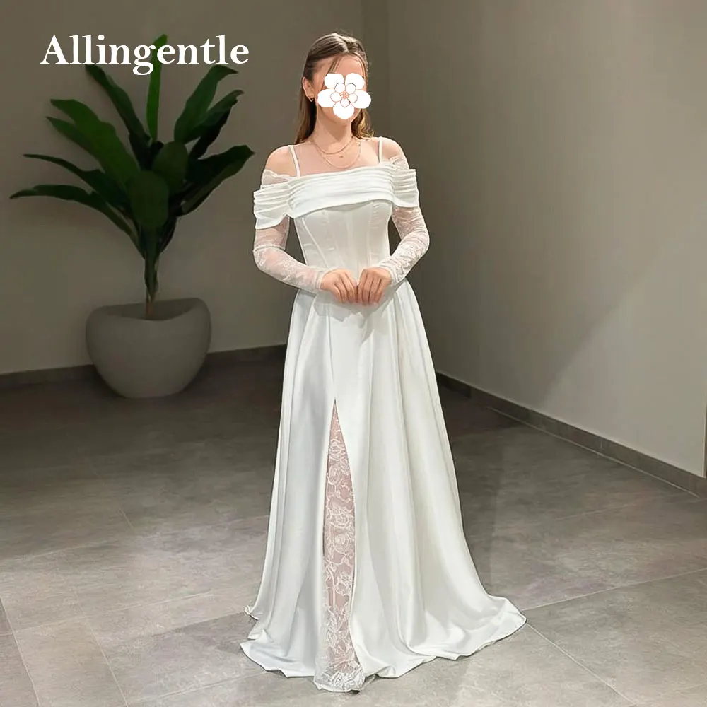 

White A-line Off Shoulder Evening Dresses with Long Sleeves Elegant Satin Bridal Gowns Lace Long Prom Dresses Vestido Customized