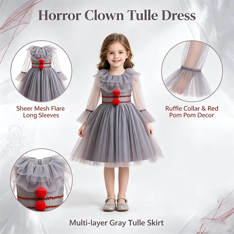Kids Scary Clown Fancy Dress Outfit Ruffle Neck Tulle Dress With Red Pom Pom Decor For Girl Halloween Trick Or Treat Activity image 6
