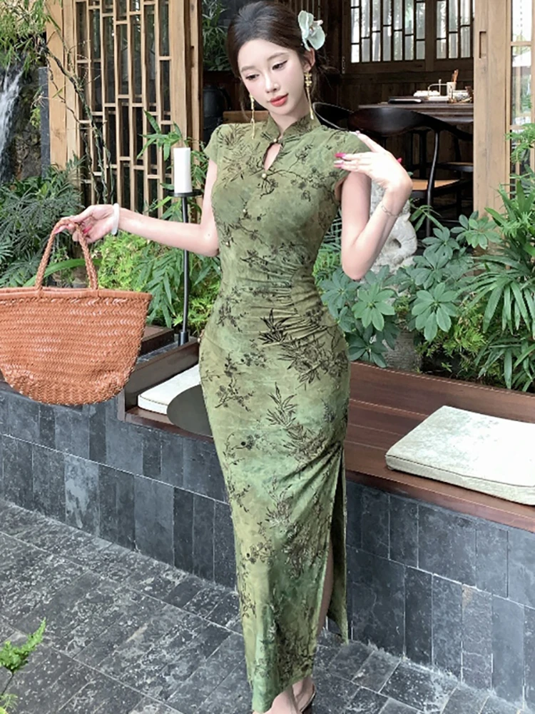فستان شيونغسام نسائي أخضر مطبوع بياقة واقفة صيفي بأكمام قصيرة ملابس للحفلات الراقصة 2025 فساتين طويلة فاخرة أنيقة كورية