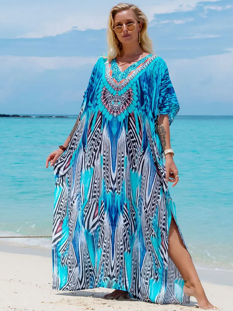 Bohemian Seaside Plus Size stampa caftano abito lungo Sexy scollo a V abito allentato donna 2024 Summer Beachwear costume da bagno Cover-up Q1415