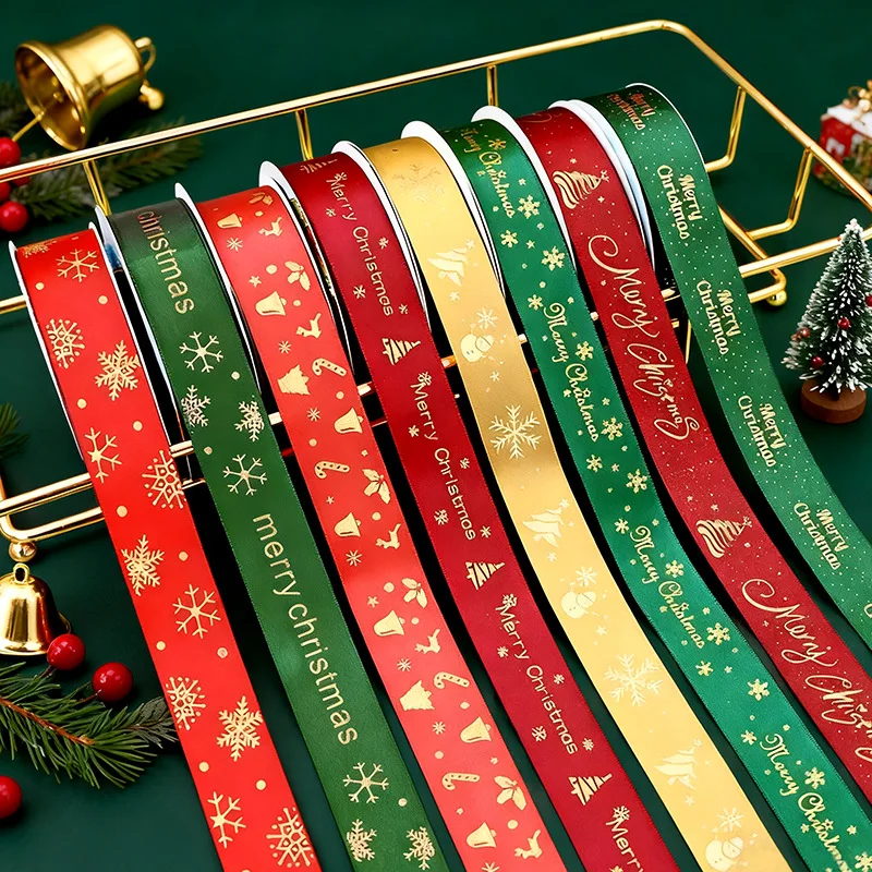 Merry Christmas Ribbon Gift Box Packaging Ribbon English Gold Stamping Flowers Christmas Tree Decoration Encrypted Ribbon