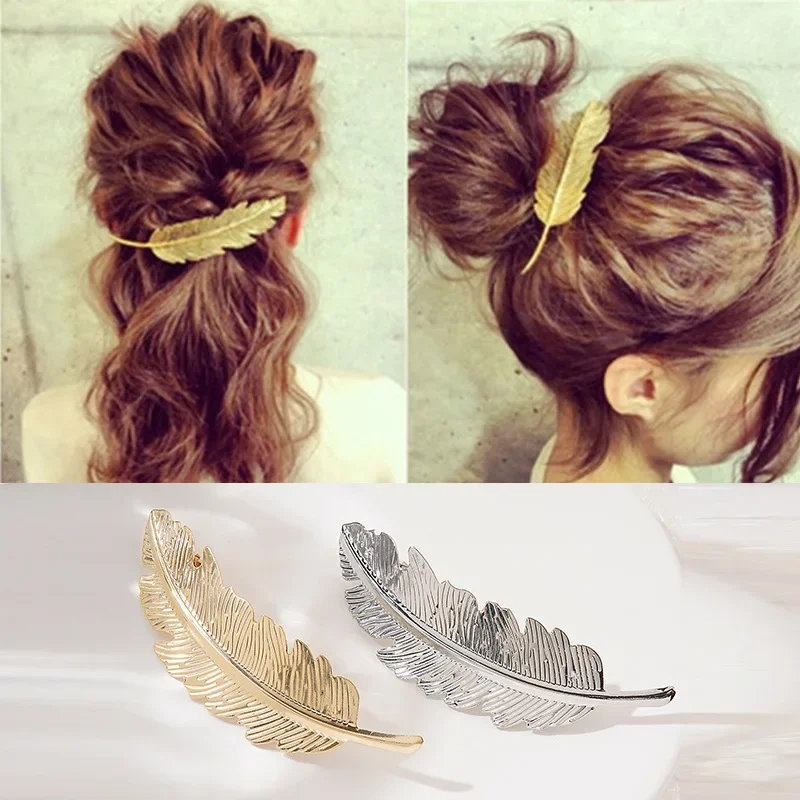 Women Hairpin Spring Clip Fashion Metal Leaf Shape Hair Clip Gold Silver Color Feather Shape Barrettes Hair Styling Tool