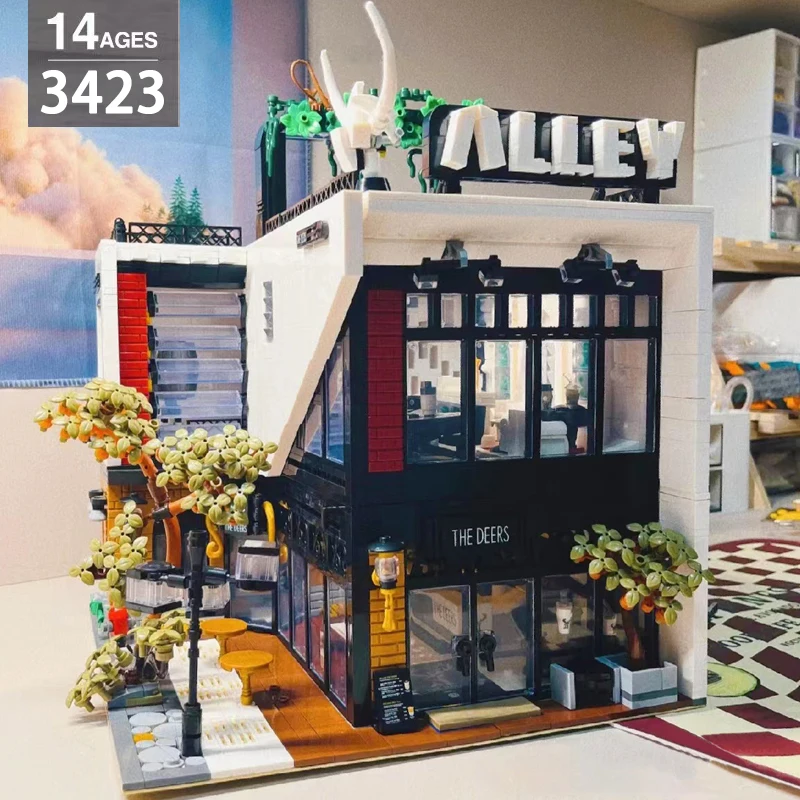 

Street View Antler Lane Cafe House Building Block Creative Expert Milk Tea Shop Leisure Restaurant Model Bricks Kid Toys Moc