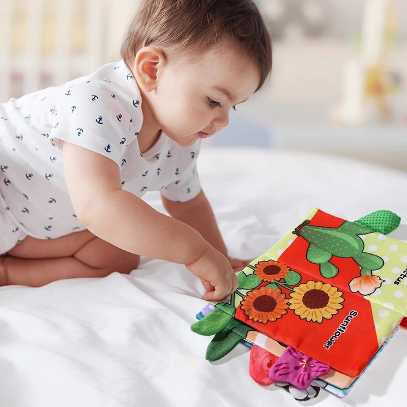 Baby-Stoffbuch, Puzzle-Spielzeug, frühe Bildung, Aufklärung, Kognition, waschbar und langlebig, 4-seitige Blumenserie, Geschenke für Neugeborene