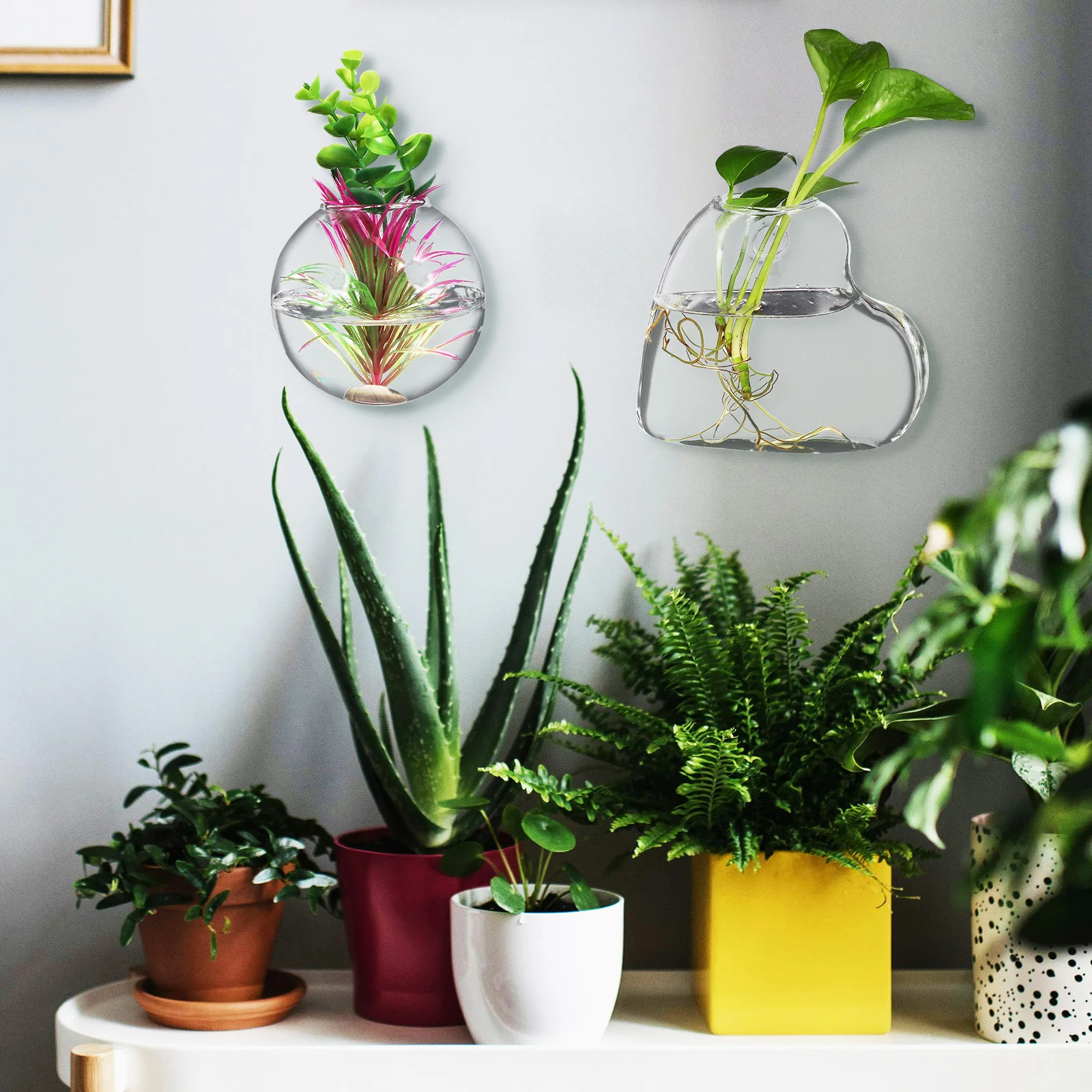 2 قطعة مزارعي الحائط الزجاجي نباتات داخلية محطة انتشار معلقة شكل قلب واضح سهل التركيب لهجة المعيشة