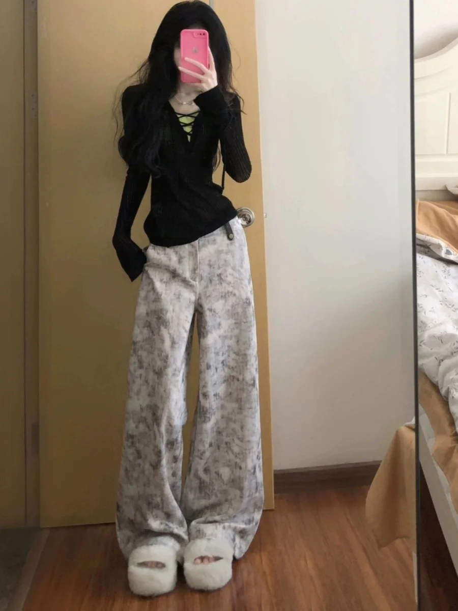 High Waist Wide Leg Pants Women's Printed Tie Dye Loose Fitting Draping Long Trousers Summer New Style American Retro Style