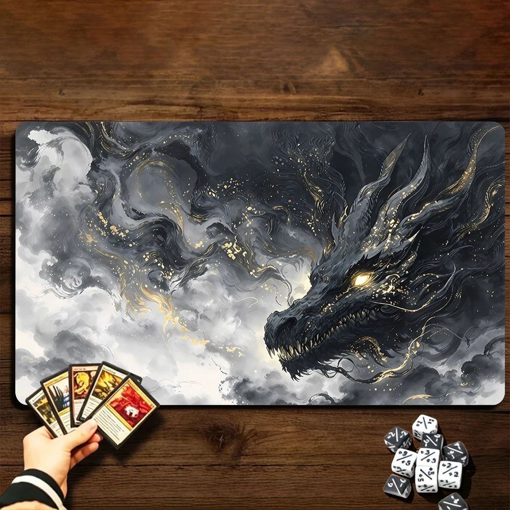 Mysterious Ink-Wash Dragon TCG Playmat Magic Playmat with Stitched Edge Anti-slip base Gathering Gaming Mat Trading Card Game