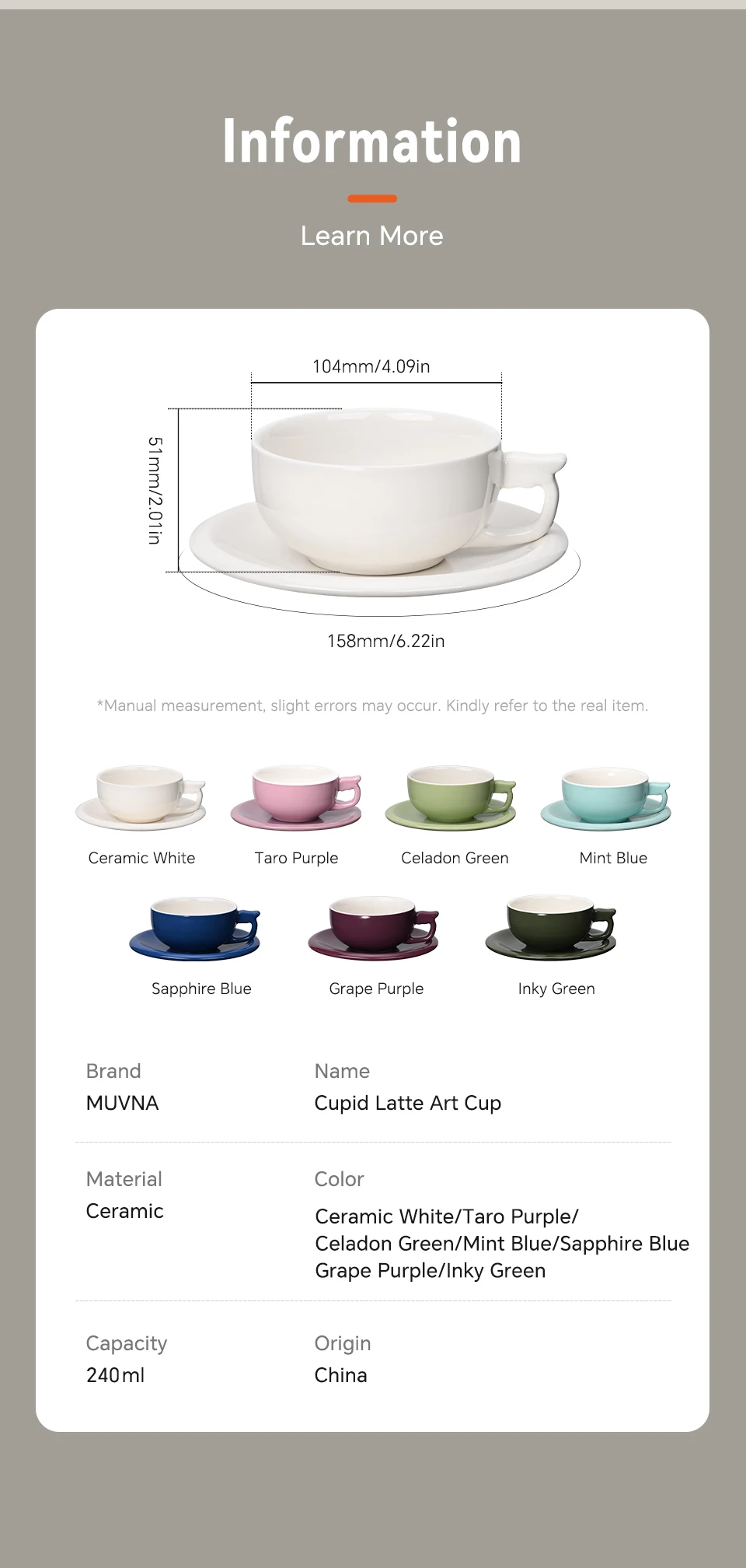 MUVNA 240ml Ceramic Latte Art Cup Embossed Coffee Cup With Saucer Thick Rim Wing Handle Barista Cappuccino Espresso Cup