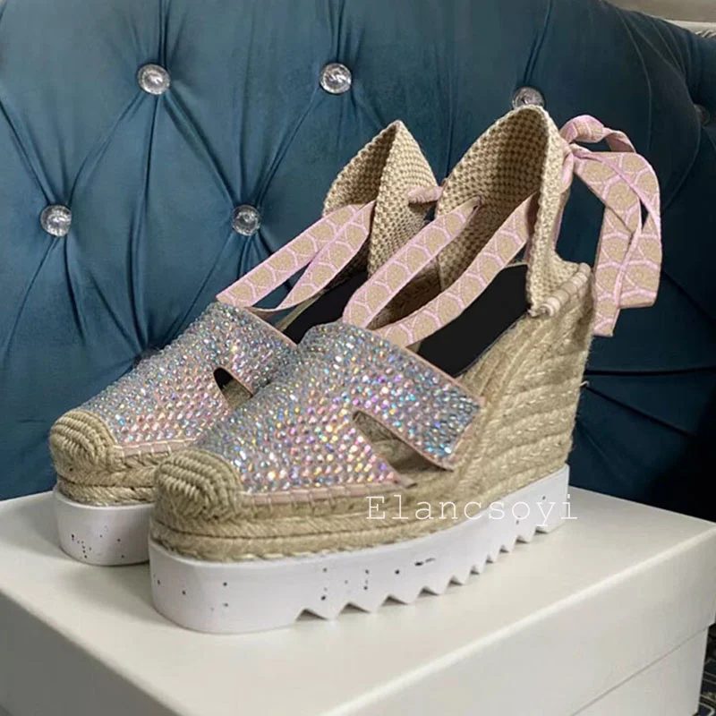 Spring Autumn Genuine Leather Back Strap Sandals Women's Thick Bottom Wedges Shiny Crystal Solid Color Pumps Banquet Dress Shoes
