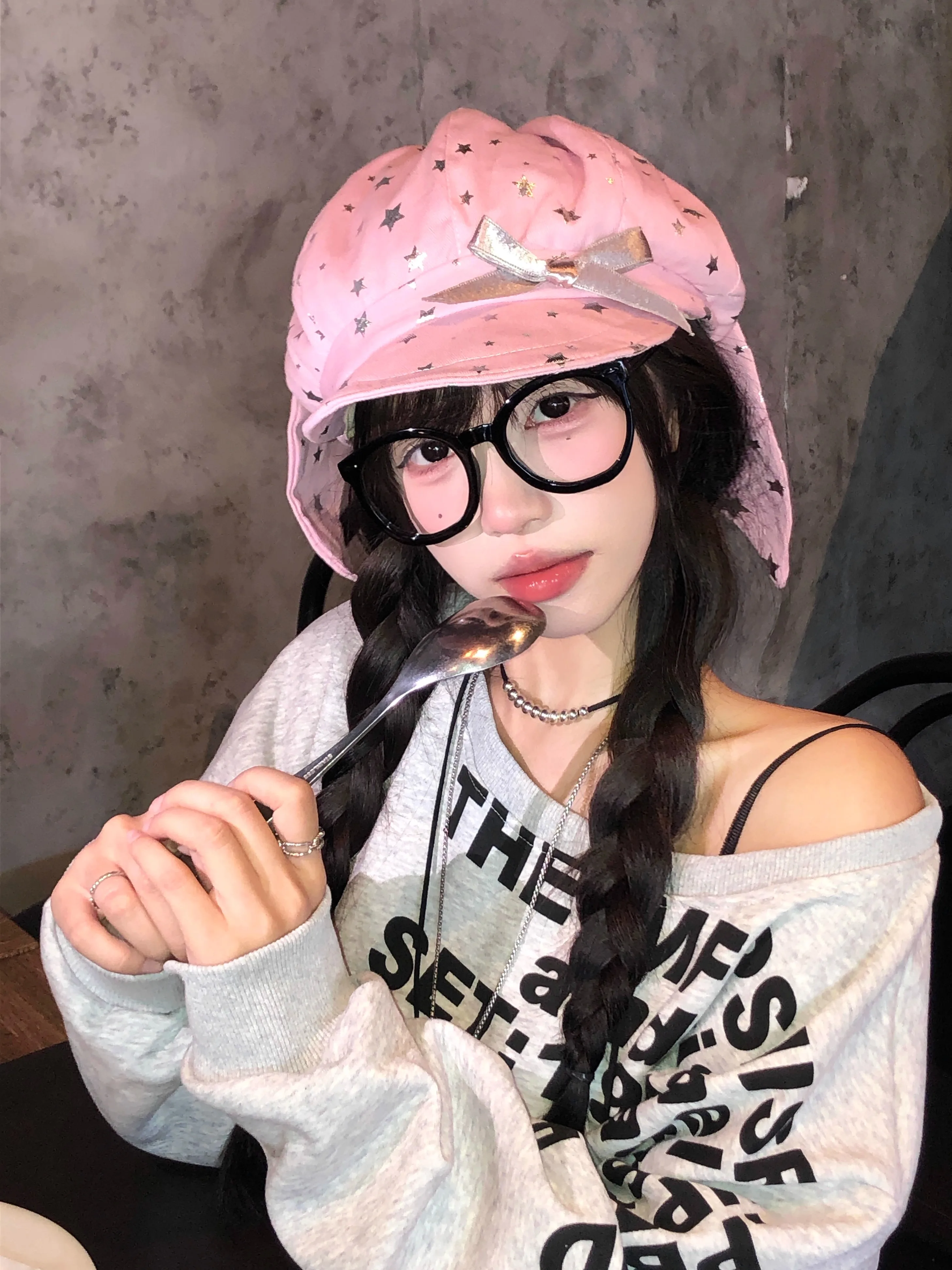 Sweet Pink Bowknot Rabbit Ear Beret Hat Women Summer Face Slimming Cloud Eight Corner Hat Cute Style Short Brim Travel Cap