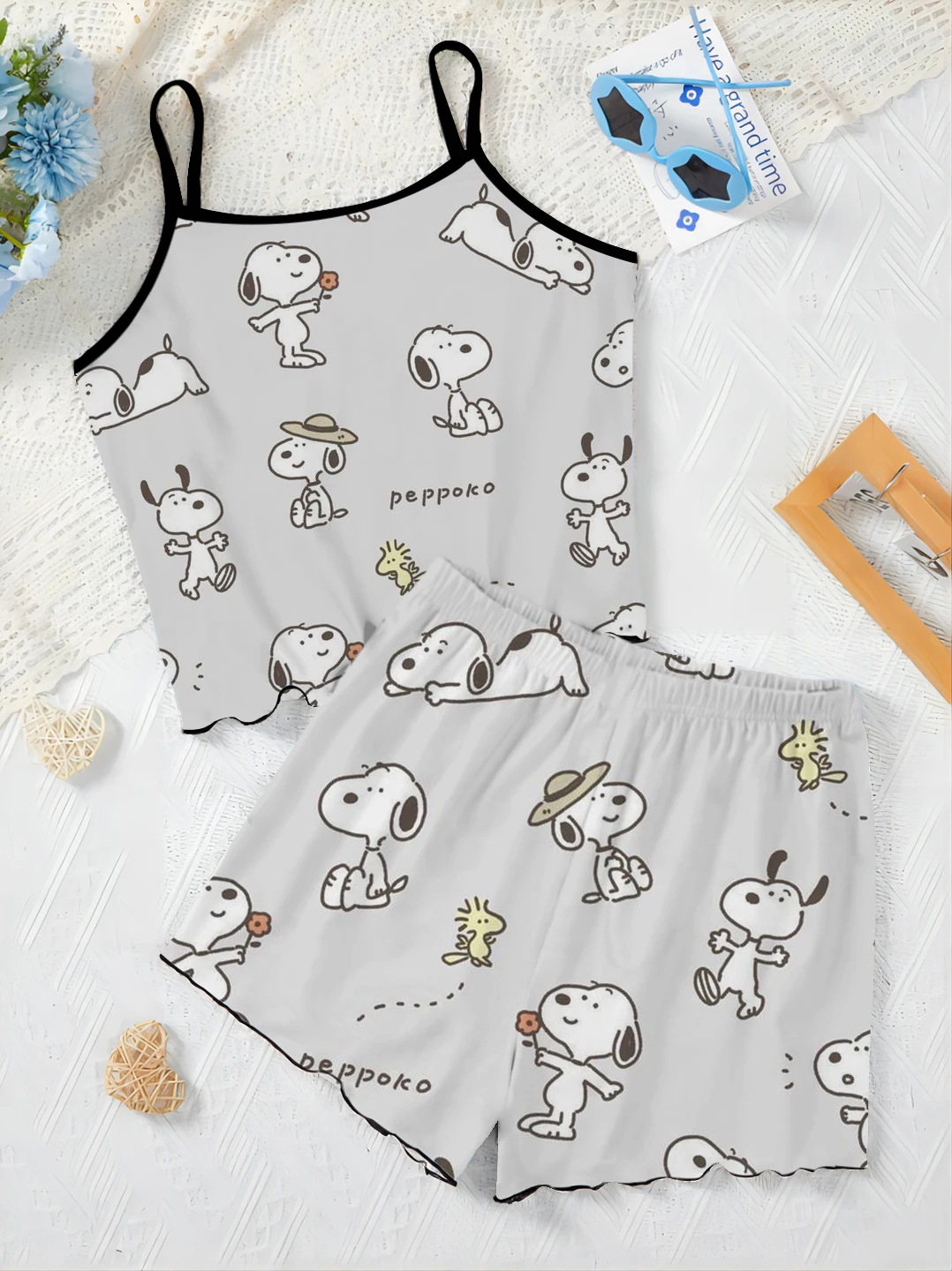 Set Woman 2 Pieces Chic and Elegant Women's Sets Home Dress Top T-shirt Lettuce Trim Snoopy Pajama Skirt Short Suit Slip Dress