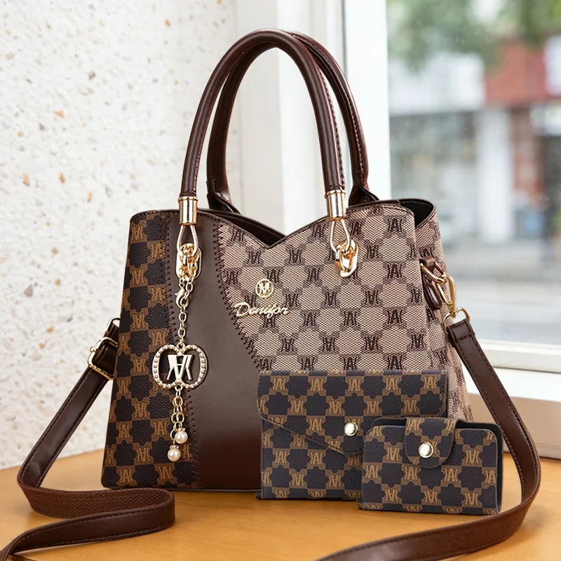 Women's bags with letter prints, color-blocked 3-piece women's handbags, large-capacity practical shoulder and crossbody bags