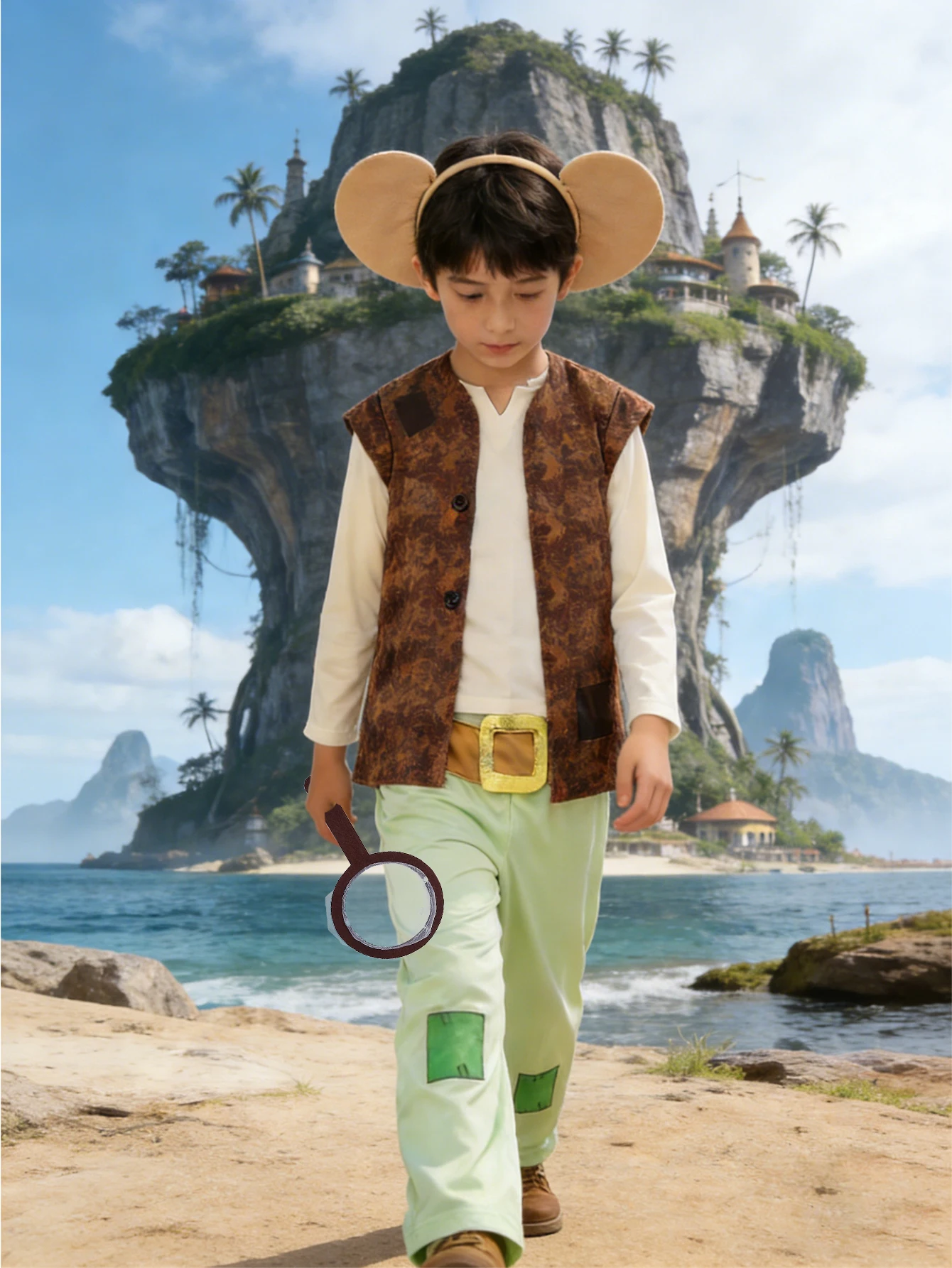 Disfraz de Explorador para Niños, 4 Piezas: Camisa, Pantalones, Diadema con Orejas, Red para Insectos, Disfraz de Aventura en la Naturaleza para Halloween