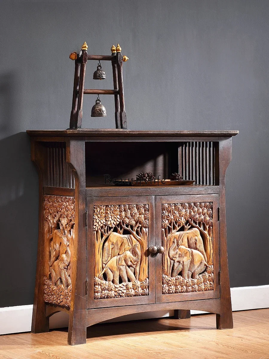 

Southeast Asia Solid Wood Entrance Cabinet Thailand Elephant Carved Storage Furniture