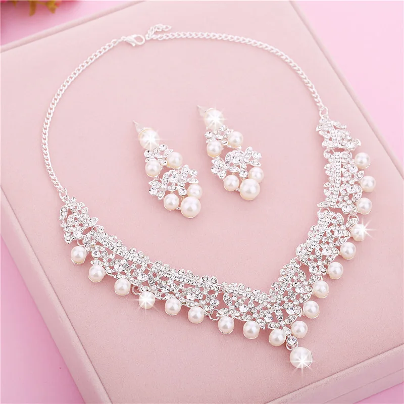 Wedding Jewelery Set Rhinestone Jewellery Necklace Sets for Women Crystal Pearl Earrings Bridal Jewelry Sets Crown Tiara Bride