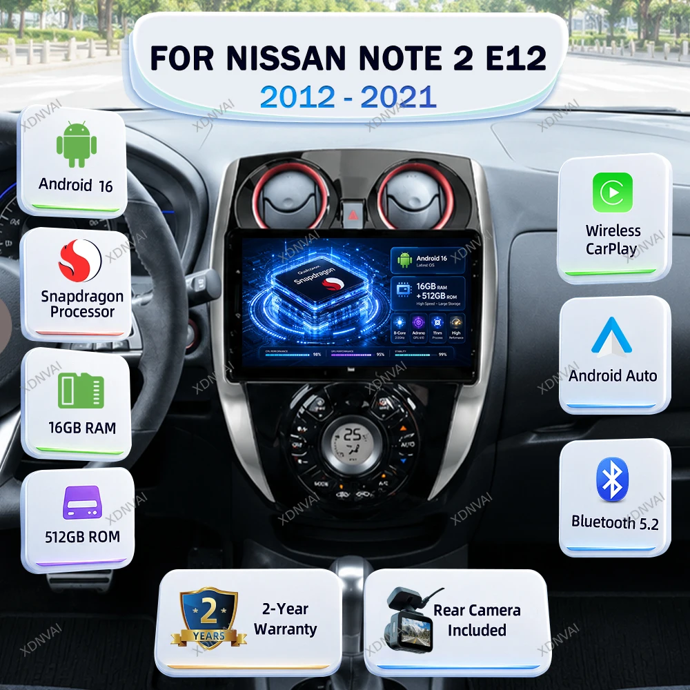 Android 16 Multimedia For Nissan Note 2 E12 2012 - 2021 Car Radio Video Player Autoradio BT 4G LTE Carplay DSP Navigation GPS