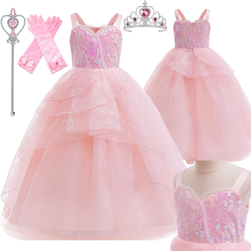 Girls Wicked Glinda Cosplay Costume Pink Wedding Princess Evening Dress Halloween Party Outfit Girl Celebrity Character Dress-up