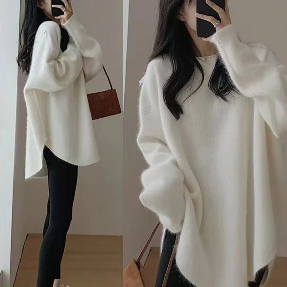 White Round O Neck Knitted Top for Women Pullover Black Ladies Sweaters Long Y2k Fashion Korea Vintage Trend 2023 Sleeve New In