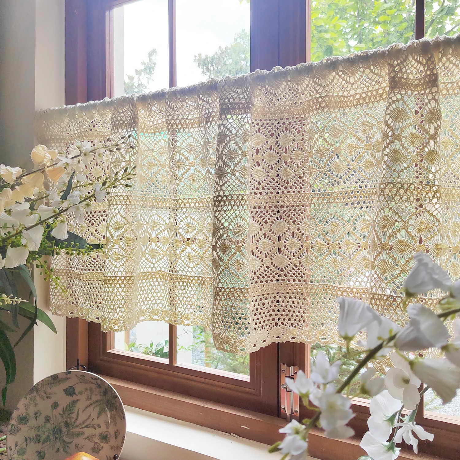 Bohemian Hollow Lace Embroidery Tassel Binding Rope Lace Splicing Design Villa Farmhouse Window Semi Blackout Short Curtains
