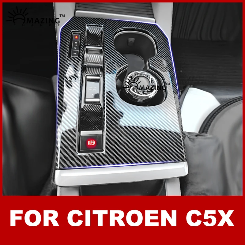 Image of Für Citroen C5X 2022 2023 2024 Edelstahl Mittelkonsolen-Aufkleber Kohlefaser-Textur Innenraum-Konsolen-Zubehör T