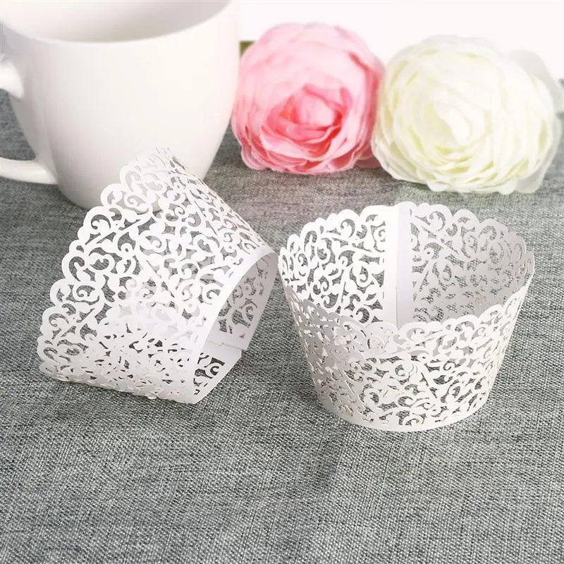 50pcs  Cupcake Wrappers Lace Laser Cut  Cupcake  Liner Baking Cup Hollow Paper Cake Cup Decoration Happy Birthday Cake Topper