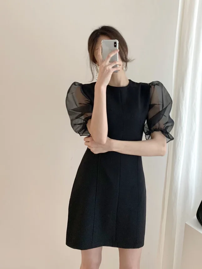 Hebe Sle Spliced Organza Bubble Sve Dr Women's A-Line ort Skirt Waist-Cinching Summer New Arrival Commute