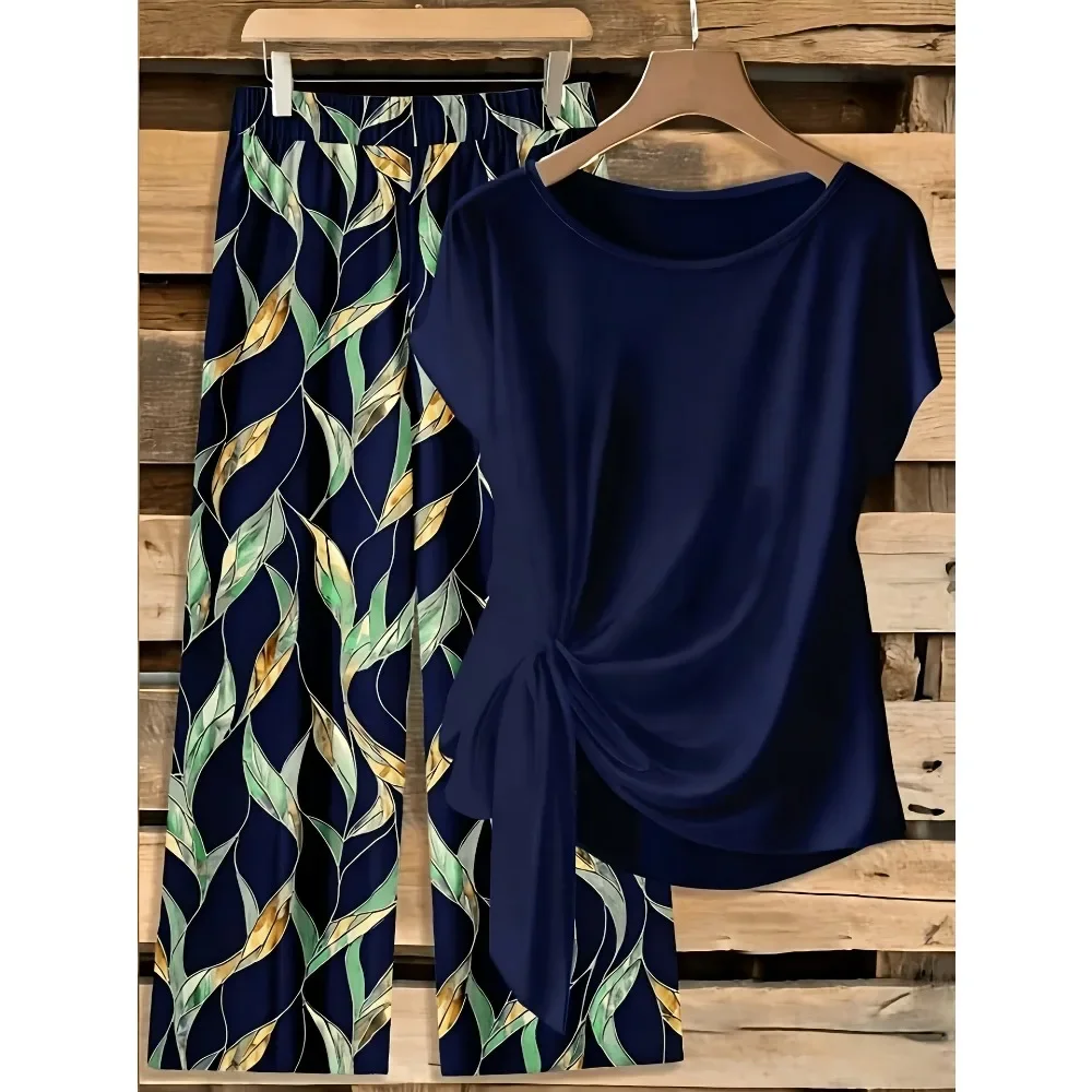 Women Floral Gradient Print Short Sleeve Tie Waist Wide Leg Pants Two Piece Set Casual Vacation Soft Breathable Comfy Outfit