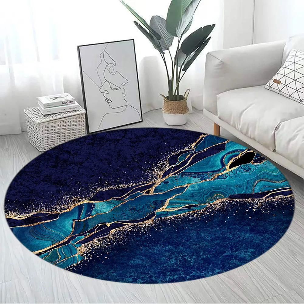 Abstract Blue Marble Round Carpet Gold Textured Geometric Pattern Black Home Rugs Living Room Bedroom Decor Sofa Rug Floor Mats