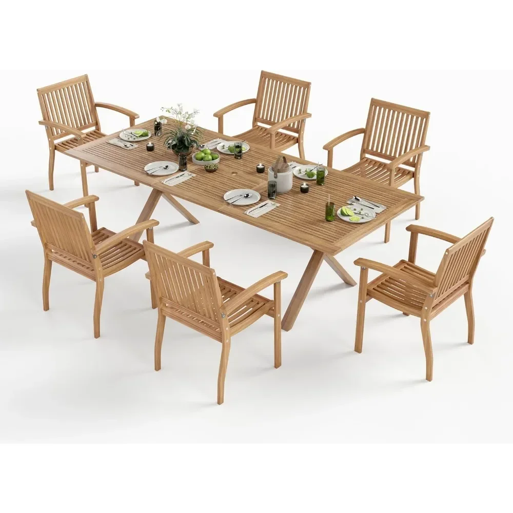 Juego de comedor para exterior de madera de acacia, mesa de comedor expandible (agujero para sombrilla de 1,97" y 6 sillas de madera, juego de mesa de comedor para patio de 7 piezas